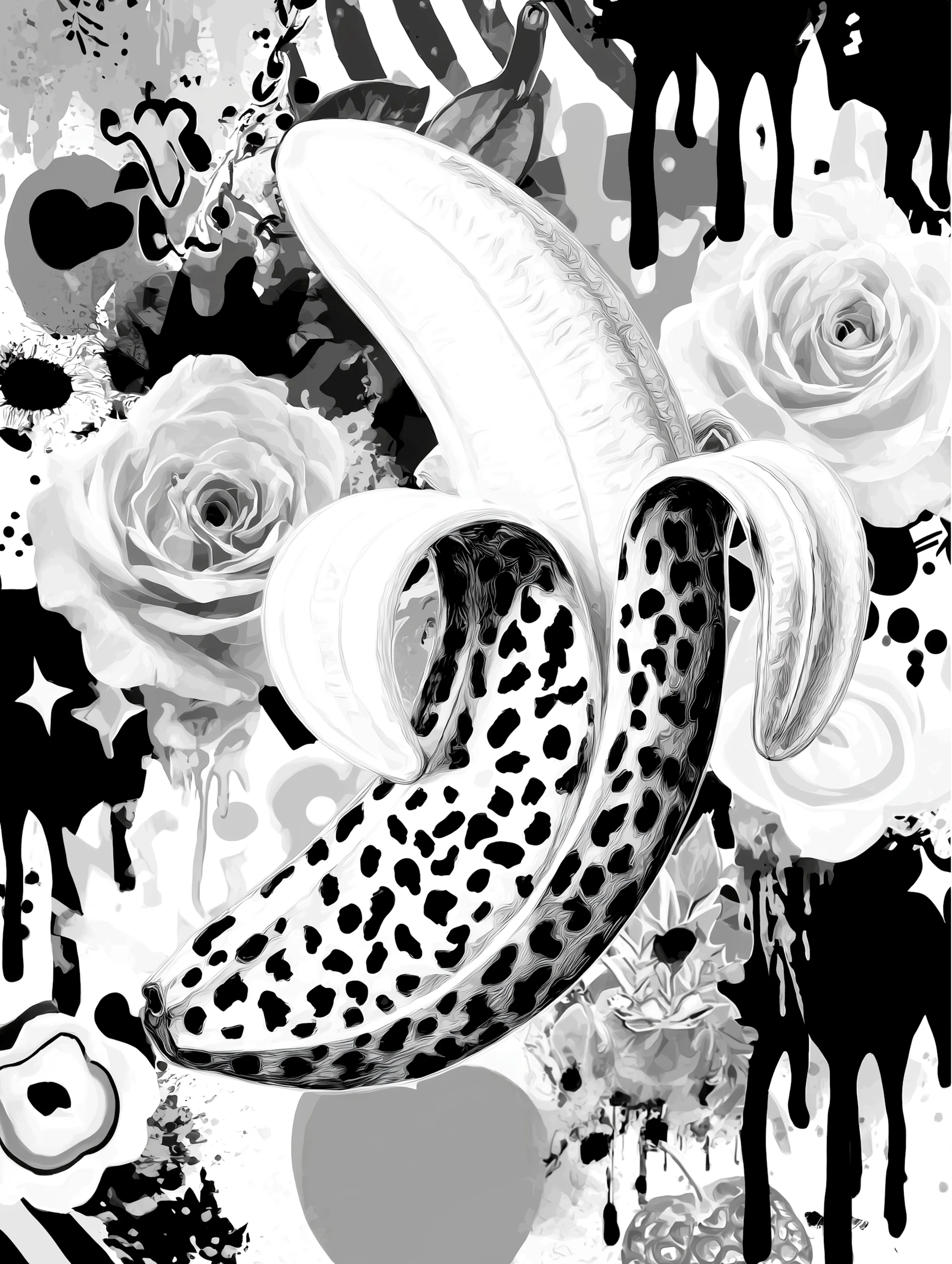 Free printable banana coloring page for adults featuring spotted banana with drips